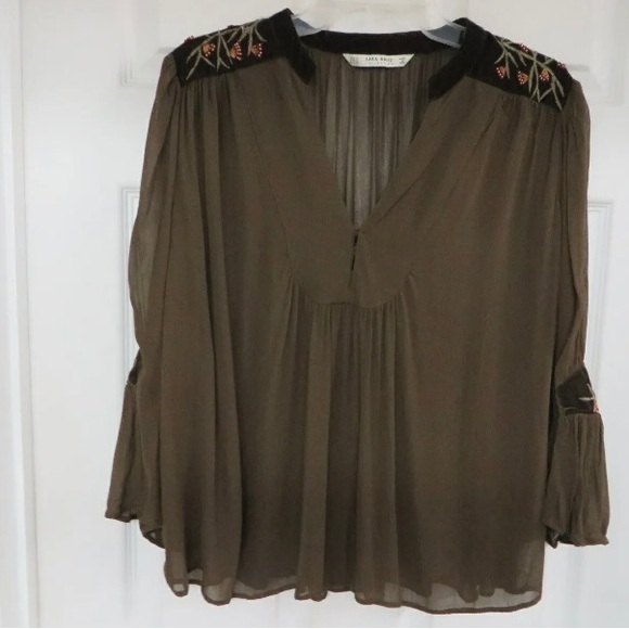ZARA BASIC Silk Velvet Beads Embroidery Kimono Tunic Top Olive, size XS - Picture 1 of 16